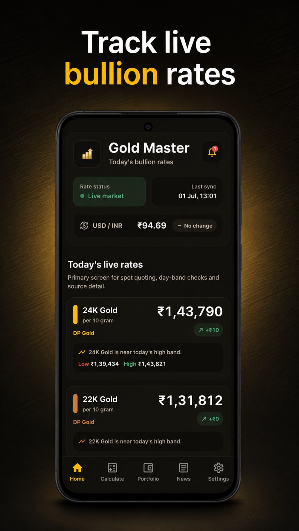 Gold Master home screen showing today's live 24K and 22K gold rates with the day's low and high bands