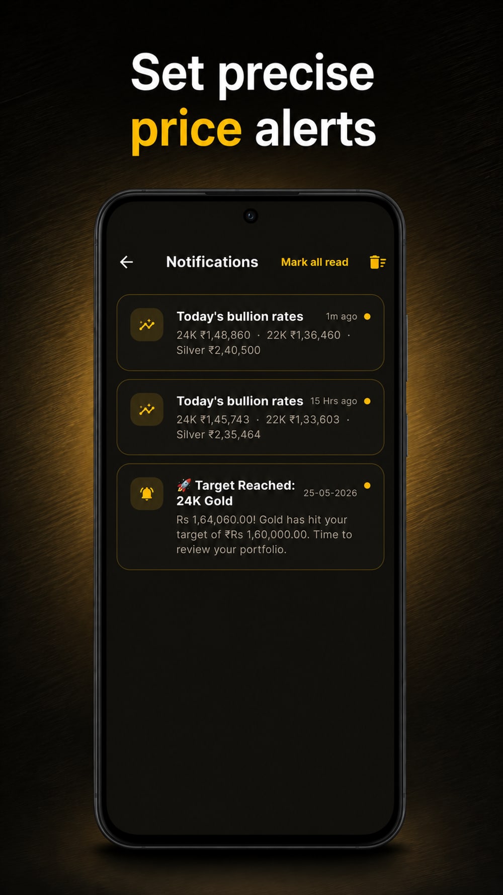 Gold Master notifications screen with bullion-rate updates and a target-reached price alert for 24K gold