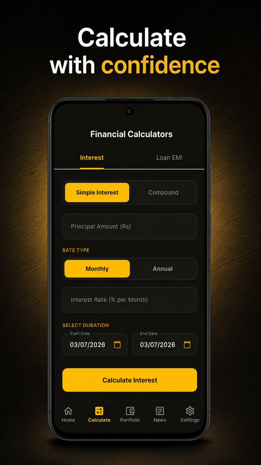 Gold Master financial calculators — simple and compound interest and loan EMI