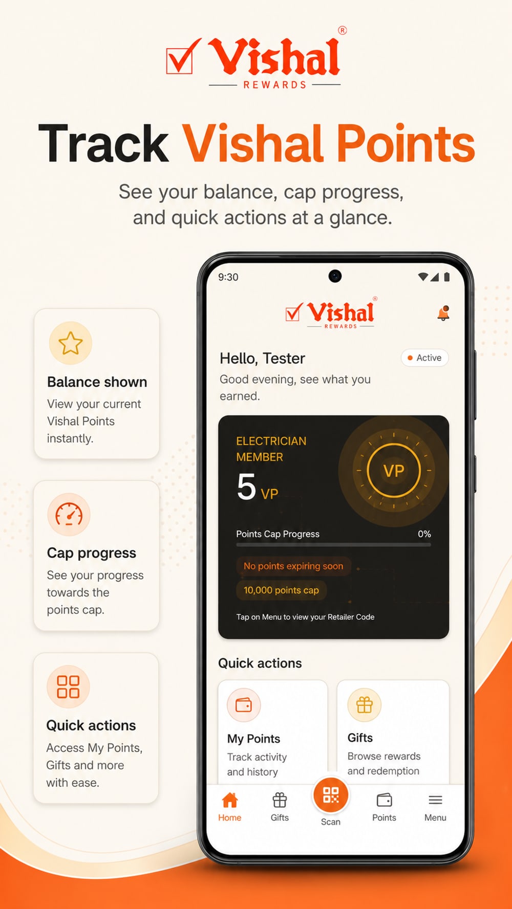 Vishal Rewards home screen showing a member's Vishal Points balance, points-cap progress, and quick actions for points and gifts