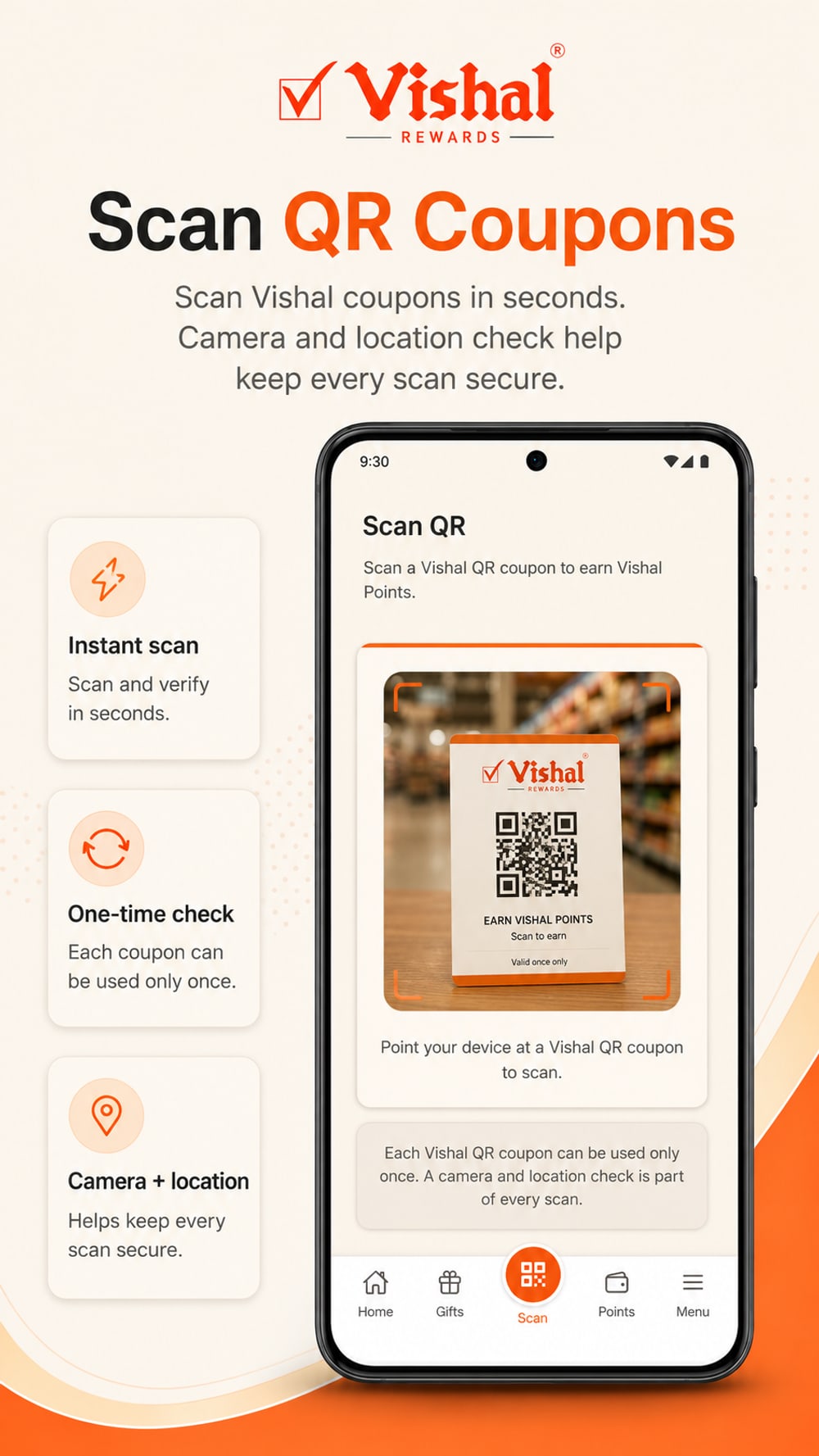 Scan QR screen for scanning a Vishal coupon to earn points, with a camera and location check so each coupon is used once
