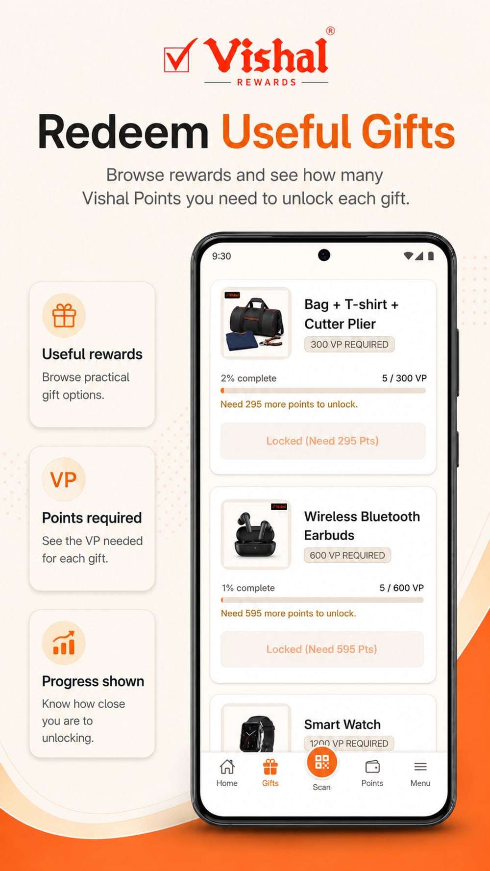 Gift catalogue showing rewards like a bag, earbuds and a smart watch with the Vishal Points needed and progress toward unlocking each