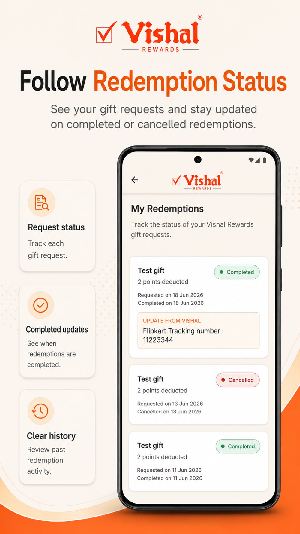 My Redemptions screen tracking gift requests with completed and cancelled statuses and a delivery tracking number
