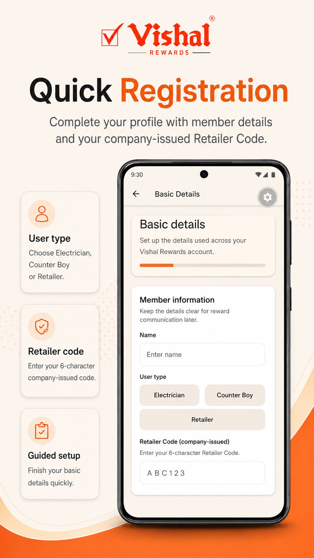 Registration screen collecting member name, user type — electrician, counter boy or retailer — and the company-issued retailer code